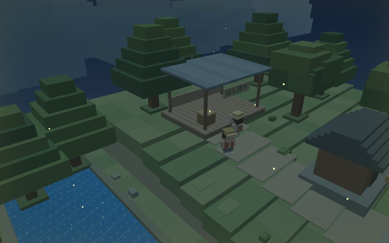 日和里の夜。青い闇にホタルの光が浮かぶゲームの風景。